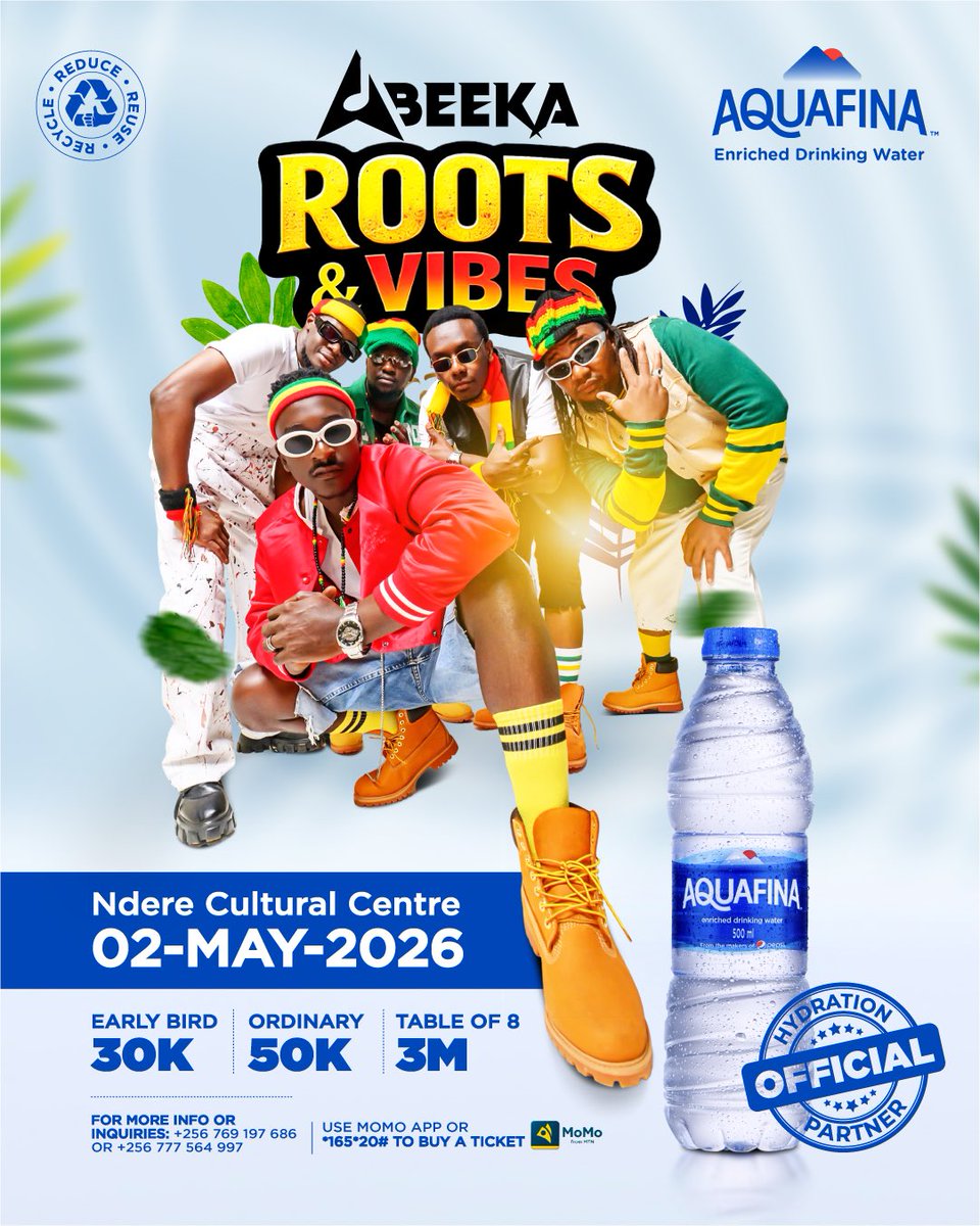 AquafinaUganda's tweet photo. The vibes are rooted in culture and the hydration is sorted.

Join us at ABEEKA Roots &amp; Vibes this 02 May 2026 at Ndere Cultural Centre, with Aquafina as the official hydration partner.

Let's make it a celebration of music, culture and good energy.

#AbeekaRootsAndVibes https://t.co/A6icNB38i3
