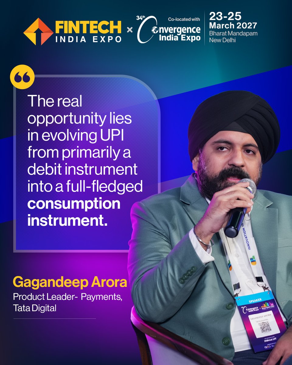 fintechindiaexp's tweet image. UPI's next chapter is bigger than payments.

Gagandeep Arora, Product Lead – Payments, Tata Digital, shared a sharp perspective on where UPI is truly headed at @fintechindiaexp 2026.

Stay tuned for more.🚀

#CI2026 #FintechIndia #UPI #DigitalPayments