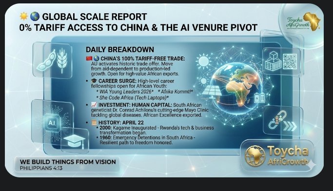 ToychaAl's tweet photo. Africa Growth Update (April 22):
🇨🇳 0% Tariffs: AU activates China’s massive trade offer for 53 nations.
🎓 Career Surge: WIA, She Code Africa, &amp; Afrika Kommt! fellowships open today.
🇷🇼 Legacy: On this day in 2000, Rwanda’s tech-first vision began.
​Built on vision. https://t.co/DRl7nppezy