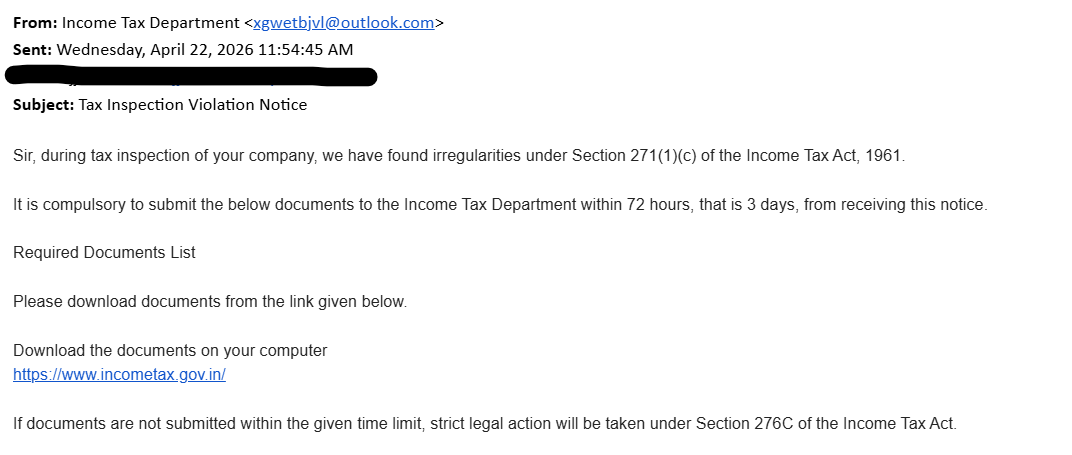 udayakumar1994a's tweet photo. One of our client is received below email (spam email), I think, even scammer is need basic training. @IncomeTaxIndia @ICMAICMA @theicai https://t.co/E2H31cR7Fr