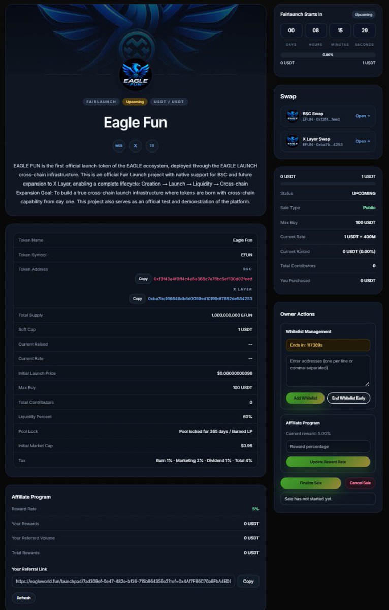 btezhang's tweet image. 一种新代币现已通过 Eagle Swap 发行环境上线。

该项目采用公平发行机制，平台开放参与通道。

更多详情可通过以下链接查看：
eagleworld.fun/launchpad/7ad3…

#Web3 #DeFi #Launchpad