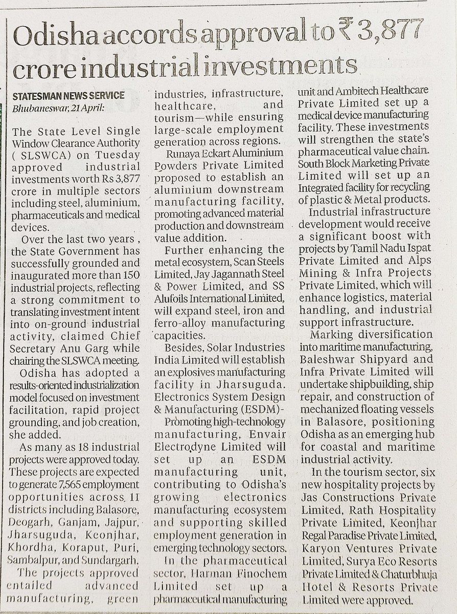 CMO_Odisha's tweet image. Hon’ble Chief Minister Shri @MohanMOdisha continues to drive #Odisha’s industrial growth momentum.

The State Level Single Window Clearance Authority has approved ₹3,877 crore investment across key sectors including steel, aluminium, pharma, ESDM &amp;amp; tourism. 18 projects across 11
