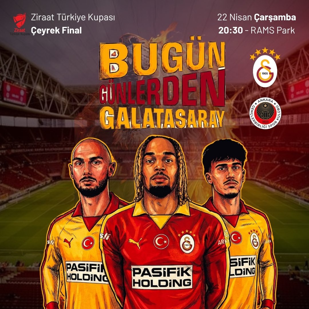 #BugünGünlerdenGALATASARAY 💪

🏆 Ziraat Türkiye Kupası
🗓️ Çeyrek Final
⚽ N. D. Gençlerbirliği
📆 22.04.2026
⏰ 20.30
🏟️ Ali Sami Yen Spor Kompleksi RAMS Park
📲 #GSvGB