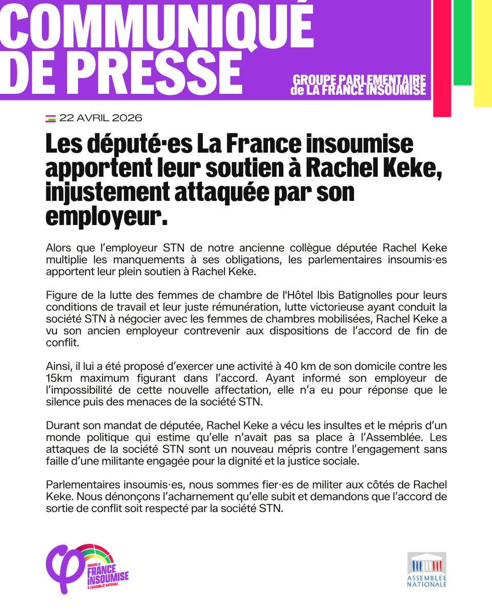 FiAssemblee's tweet photo. 🔴📄 Parlementaires insoumis·es, nous sommes fier·es de militer aux côtés de Rachel Keke.

Nous dénonçons l’acharnement qu’elle subit et demandons que l’accord de sortie de conflit soit respecté par la société STN. https://t.co/uXkrkrmBti