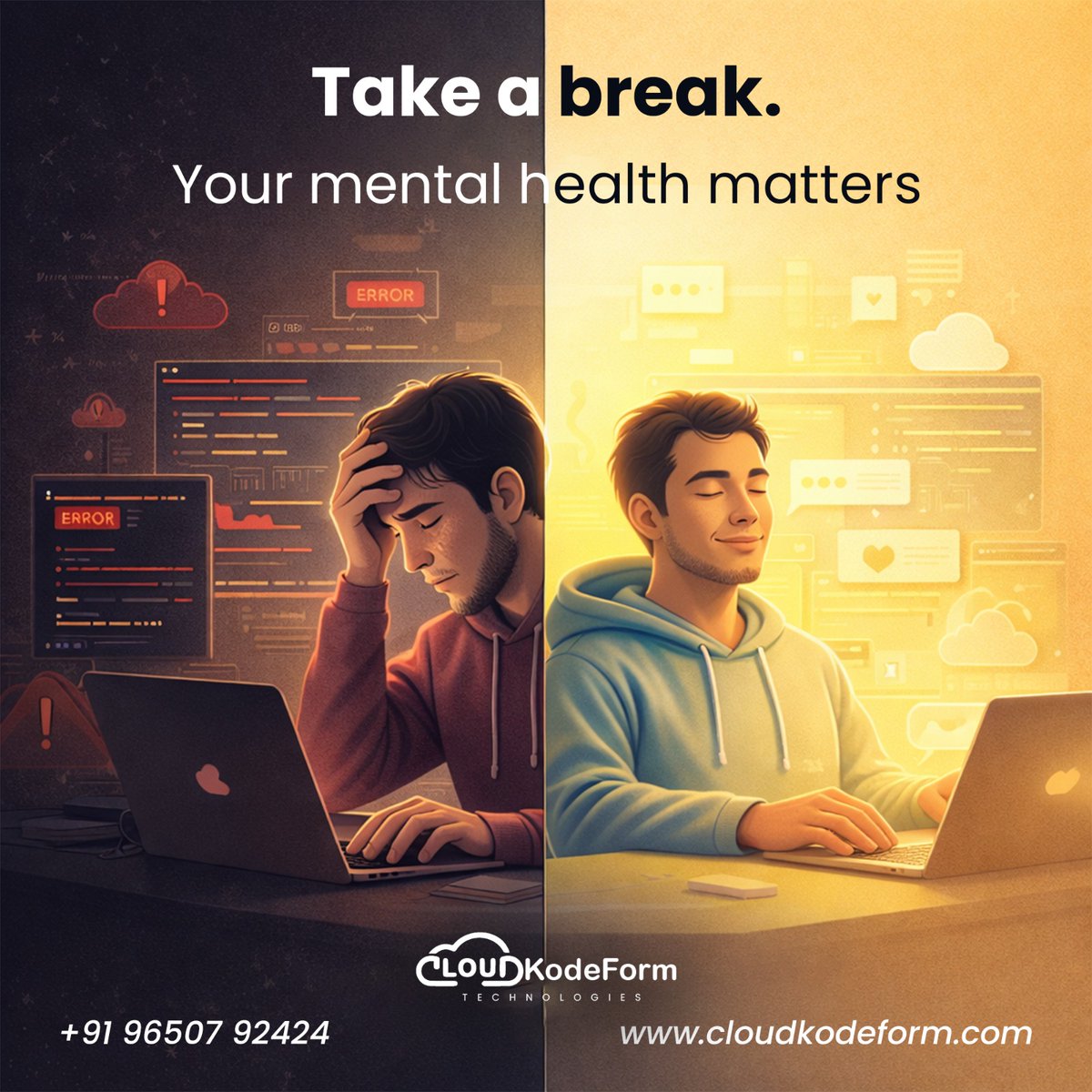 cloudkodeform's tweet image. Work Smart, Rest Better — Your Mental Health Comes First
 
At CloudKodeForm Technologies, we believe that great ideas are born in healthy minds.
Website: cloudkodeform.com
Email: info@cloudkodeform.com
Call/WhatsApp: +919650792424
#WorkSmart #MentalHealthMatters