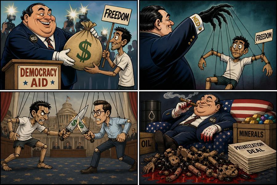 XHNews's tweet image. #Opinion It's an open secret that the National Endowment for #Democracy, bankrolled by the #US Congress, has a plan to manipulate governments worldwide and sway #elections with greenbacks. Its role is to cloak imperial power in the language of idealism.

In public, the NED