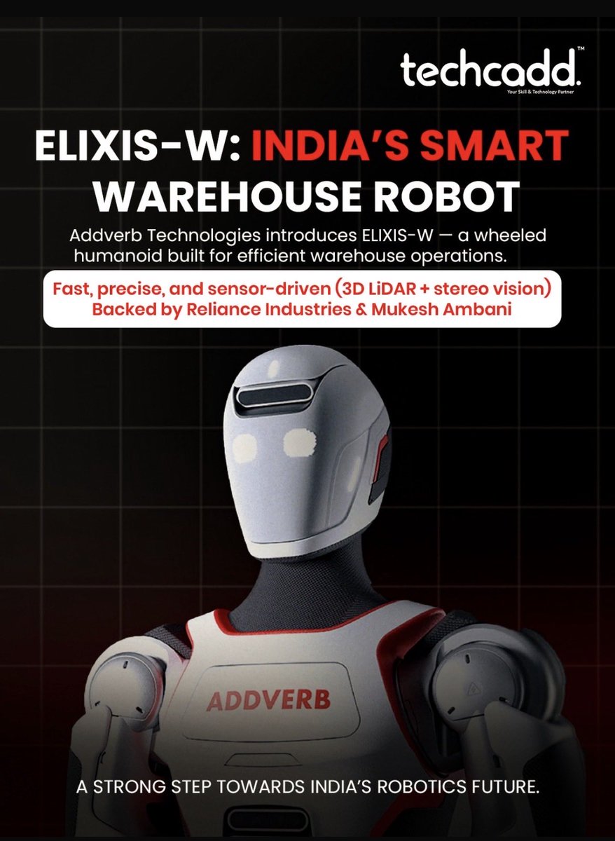 Techcadd_comp's tweet photo. India’s automation leap just got real 🤖🔥
ELIXIS-W by Addverb Technologies is redefining smart warehouses with speed, precision &amp; AI-powered sensing.

Backed by Reliance Industries, this signals a big push toward AI-driven logistics in India 🚀 https://t.co/CNi2ZDrhpI