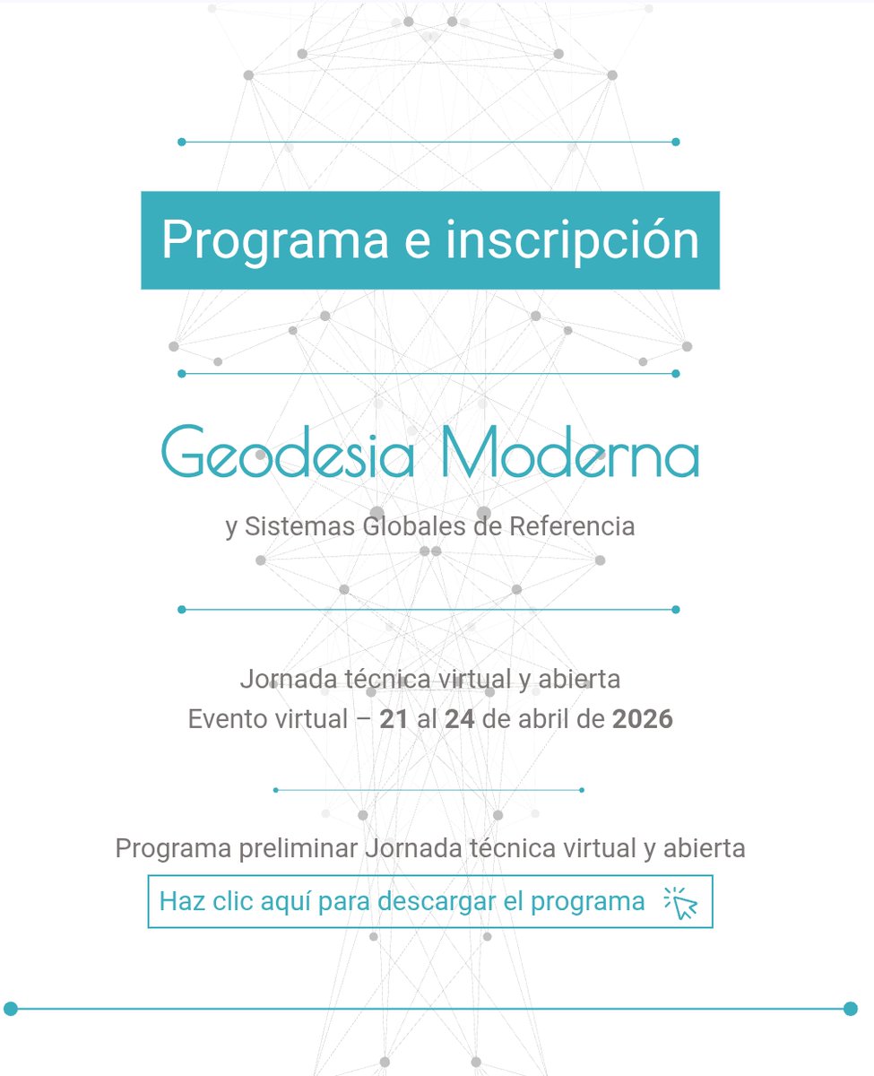 ObsLatitUD's tweet photo. 🌍✨ ¡Estás invitado/a!

📢 Jornada técnica virtual y abierta
Geodesia Moderna y Sistemas Globales de Referencia

Consulta:
https://t.co/k75Sg2SxgX
🗓️ Fecha: 21 al 24 de abril de 2026
💻 Modalidad: 100% virtual https://t.co/FVkAdqIbKI