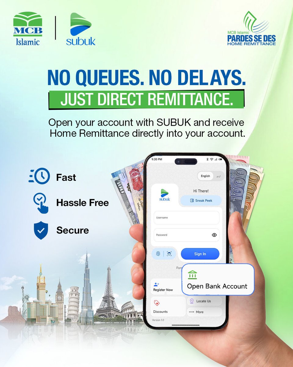 MCBIslamicBank's tweet photo. No Queues. No Delays. 

Open your MCB Islamic account with SUBUK app and receive Home Remittance
directly into your account.

✤ Visit any MCB Islamic Bank branch - locate your nearest branch: https://t.co/KcHSfahrlX

#MCBIslamicBank #MCB #IslamicBanking #SUBUK #HomeRemittance https://t.co/fF7aCYUz3V