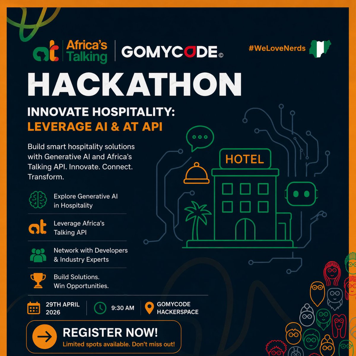 atdevslagos's tweet photo. 🚀 Something BIG is coming to Hospitality…

What if you could build the future of hotels using AI + APIs?
💡 Build smart hotel experiences
👉 Register now &amp; be part of the future of hospitality.

Link: https://t.co/5AgK3v3NO5
#Hackathon #AI #AfricaTech #Innovation #WeLoveNerds https://t.co/7HqmZENq6g
