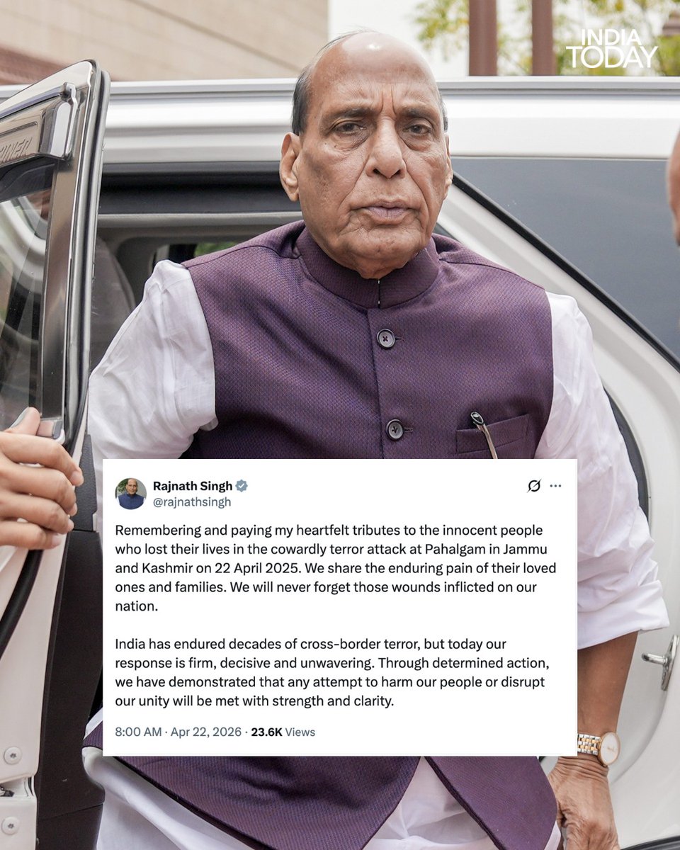 IndiaToday's tweet image. A year after the Pahalgam terror attack, the nation stands together in grief and resolve, honouring the innocent lives lost and re‑affirming the fight against terror, violence, and senseless suffering in Jammu and Kashmir.  

#Pahalgam #JammuAndKashmir #EndTerror