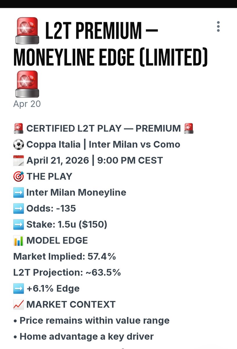 TwoLooney's tweet photo. 📈 Inter ML (-135) CASHES ✅
Down 0–2…
win 3–2 💎
Not always pretty
but the process holds 📊
📌 Edge confirmed
📌 Execution delivered
#SportsBetting #BettingTips #ValueBets #SoccerBets #GamblingTwitter #BettingCommunity #SportsPicks #L2T 💎📈 https://t.co/iTvjo0n8PT