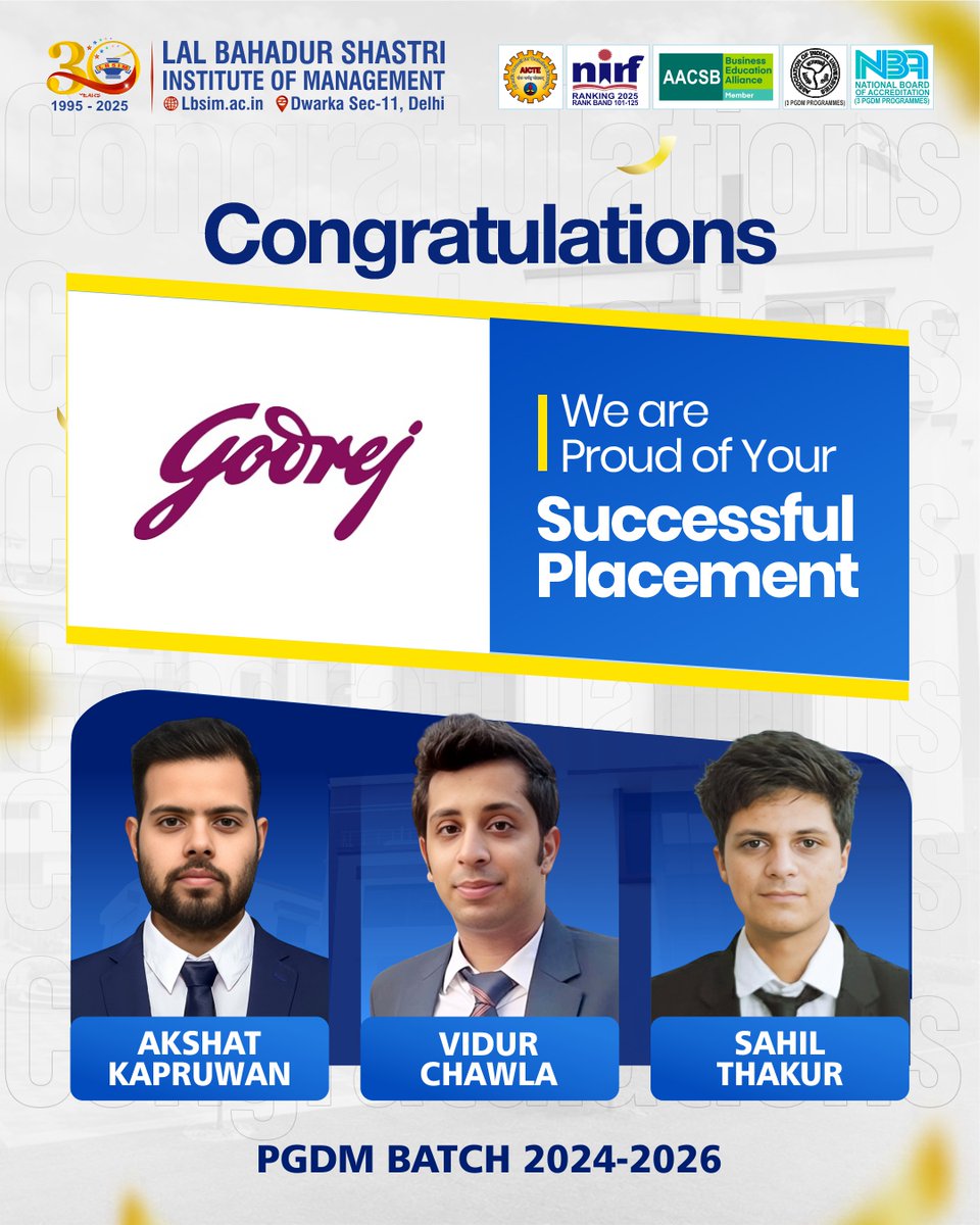 LBSIMOnline's tweet image. LBSIM congratulates PGDM 2024-26 students on their excellent placements.
 
We are proud of Mr. Akshat Kapruwan, Mr. Vidur Chawla and Mr. Sahil Thakur for successfully getting placed in Godrej.
 
 #LBSIM #MBA #PGDM #Godrej #Placement #Career