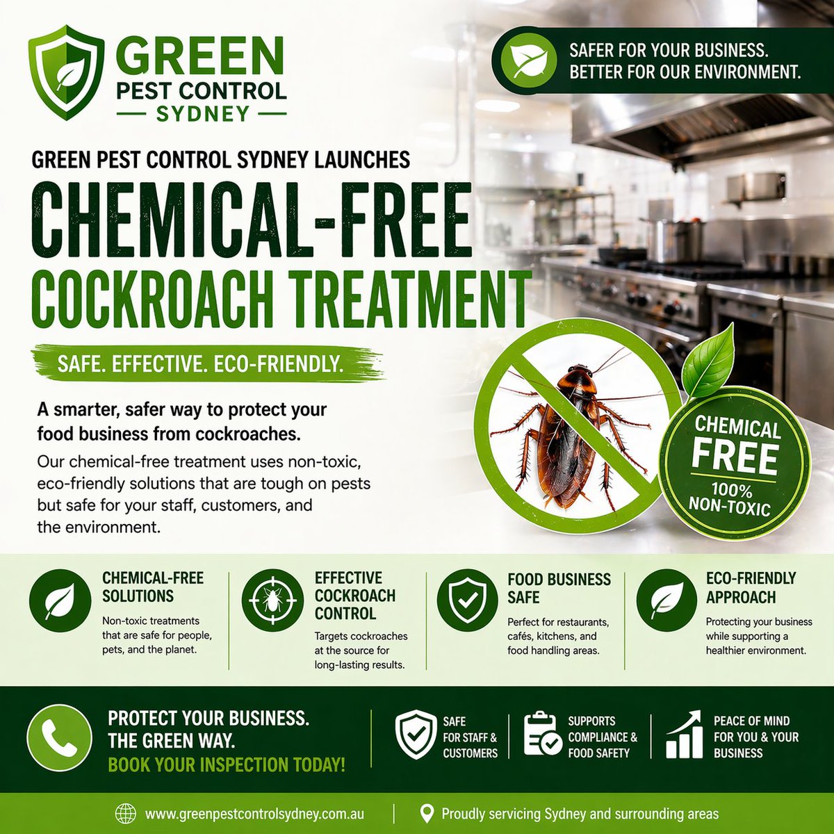 🪳 Green Pest Control Sydney launches Chemical-Free Cockroach Treatment for restaurants &amp; food businesses. Safe, non-toxic &amp; eco-friendly solutions without compromising results.

👉 Read more: prlog.org/13140926-green…

#SydneyBusiness #PestControl #FoodSafety #EcoFriendly