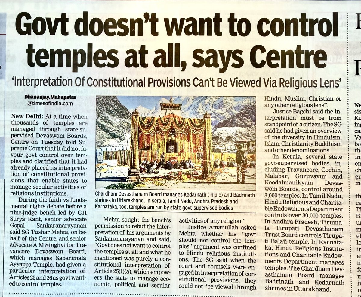 gargiuvacha's tweet photo. “We don’t want to control temples”? Then stop controlling them.

The headline is clever. The article says the Govt (HR&CE, Dewaswom etc) does not want to control temples “at all.” But then it quietly adds the real claim: the State can still control the temple’s economic, political and secular activities. Misleading Journalists in the click-bait age - put the real thing in the fine print.

Now come to the word doing all the dirty work here: secular.

As @jsaideepak often points out, this word is not native to Sanatana Dharma. It comes from a Western Christian history. The word comes from the Latin saeculum and originally referred to the temporal, worldly sphere as opposed to the spiritual or ecclesiastical sphere. That is also why Christianity developed the category of “secular clergy” - clergy who lived and worked in the world, unlike monastic or “regular” clergy bound to a religious order. So yes, even in its old usage, “secular” was not some universal Indian truth. It was a Christian civilizational distinction.

Now apply that to a Hindu temple.

A Hindu temple is not a church building plus a separate office block. It is not “religion” in the sanctum and “secular” everywhere else. The temple is a living sacred institution. The deity is supreme. Everyone else - trustee, manager, priest, donor, worker - is a sevaka. In the Dharmic view, administration is not outside devotion. It is part of devotion. Service is not separate from worship. It flows from worship.

So how exactly is temple administration “secular” if it is seva out of Bhakti to the Bhagawaan?

Now why exactly is temple economy “secular”?

When a devotee gives money to the hundi, he is not paying tax. He is not making a market transaction. He is not funding a neutral public institution. He is making an offering in bhakti bhava. That money belongs to Bhagawaan. And if it belongs to Bhagawaan, it can obviously be used for Bhagawaan’s ecosystem: Vedic schools, Sanskrit learning, goshalas, anna dana, temple arts, classical music, sculpture, textiles, heritage crafts, dharmic publishing, yoga centres, Ayurveda, pilgrimage infrastructure, IKS startups, board games teaching Itihasa, cultural education platforms, devotional cafés, temple-themed hospitality, artisan businesses, and every other activity rooted in Dharma and dedicated back to the deity. That is not “secular economy.” That is sacred circulation.

The article quotes that the constitutional interpretation cannot be seen only through a “religious lens,” and that states may manage economic, political and secular activities. But this is exactly the problem. It assumes, without proving, that these parts of temple life are separable from dharma in the first place.

They are not.

Temple land is for the deity. Temple funds are for the deity. Temple administration is in service of the deity. Temple festivals are for the deity. Temple institutions exist because of the deity. Remove Bhagawaan, and the entire structure loses meaning. So what “secular aspect” is left? Nothing meaningful. Only a bureaucratic excuse.

That is why this headline is misleading. It wants readers to think the government is stepping back. It is not. It is simply saying: “We won’t control the obviously religious part, but we will continue to control everything else by calling it secular.” But for a Hindu temple, that “everything else” is also religious, devotional, and Dharmic.

So let us call this what it is.

This is not neutrality.
This is not reform.
This is not distance.

This is state control hiding behind borrowed Christian vocabulary.

If secular really means what the West originally meant, then a secular is also a Christian and it does not fit the Hindu temple. If secular means “non-religious,” it still does not fit the Hindu temple. And if nothing in temple life is truly secular in that sense, then the government’s moral claim to manage temples collapses.

So the answer is simple:

If the State truly does not want to control temples, it should remove its hands completely - not rename control as “secular administration.”