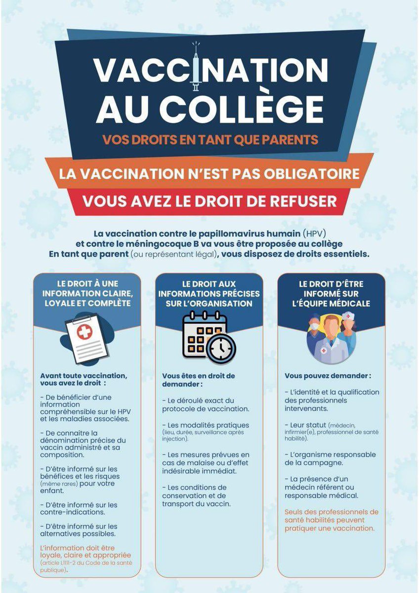 Vaccinations au Collège ? 
Pas obligatoires, et vous avez le droit de refuser pour vos enfants ! 
Parents, informez vous 🙏👇