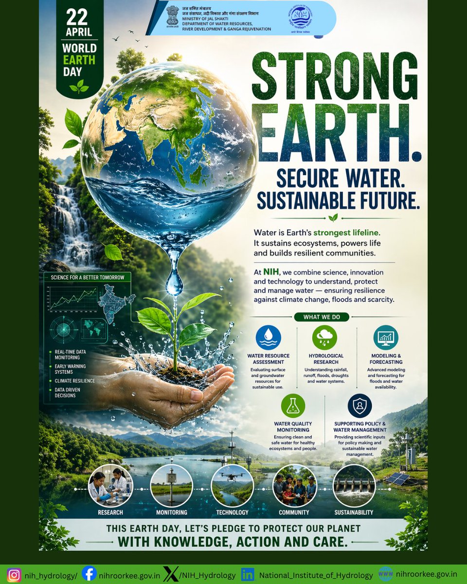 NIH_Hydrology's tweet image. Strong Earth begins with secure water. 💧
Every drop we save today builds a resilient tomorrow.

On this World Earth Day, let’s protect our planet with knowledge, action, and care.

#WorldEarthDay #SaveWater #SustainableFuture #ClimateAction #NIHRoorkee

@DoWRRDGR_MoJS