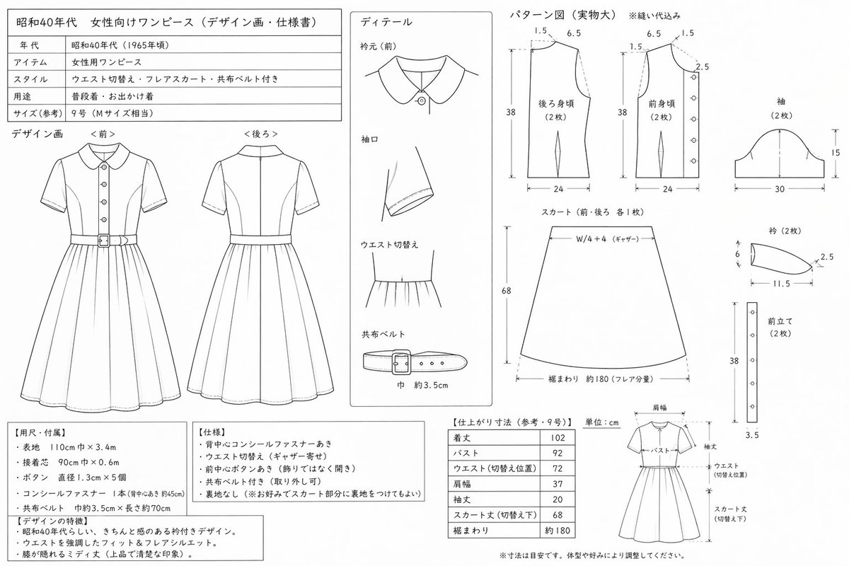 ChatGPTに「服の設計図を書いてください。服の種類は、昭和40年代の女性向けのワンピースです。」とお願いして書いてもらったもの。