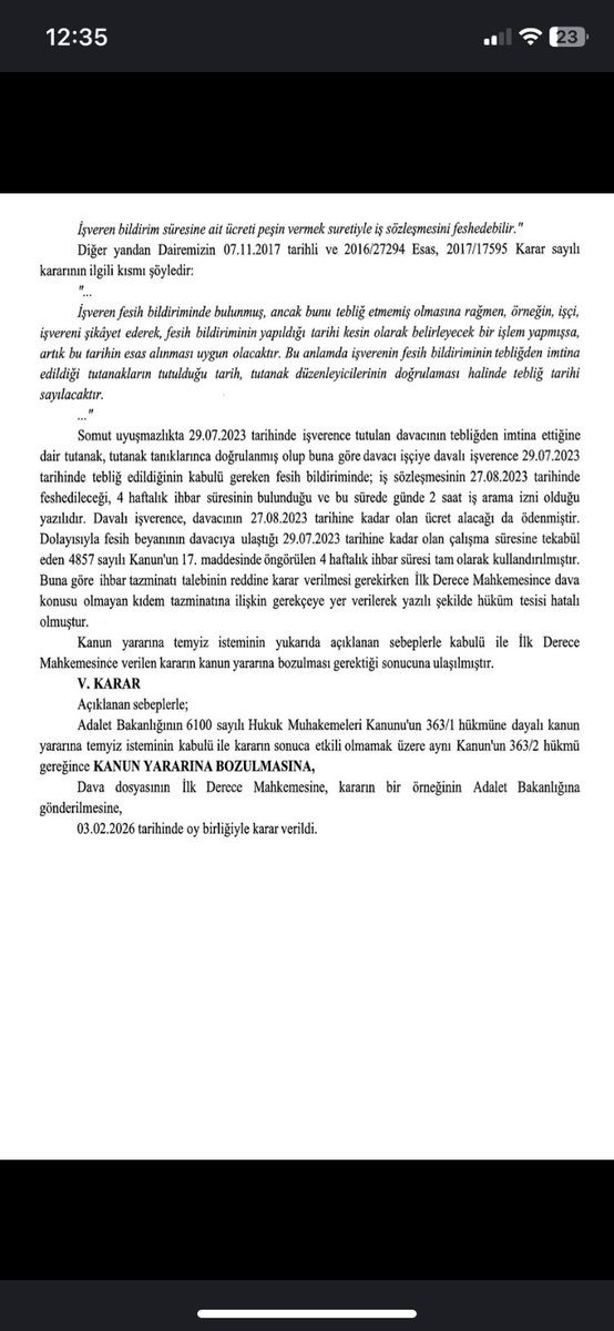 AvTarikCilekci's tweet photo. Çalışan, işten çıkarılma bildirimini imzalamasa dahi işveren tarafından tutulan tutanakla bu durum tespit edilerek ihbar süresinin ve iş arama izinin kullandırılacağının belirtilmesi karşısında ihbar tazminatına hükmedilemez.

Yargıtay 9. HD, 
2025/9524 E., 2026/756 K. https://t.co/d4CGIdcGqe