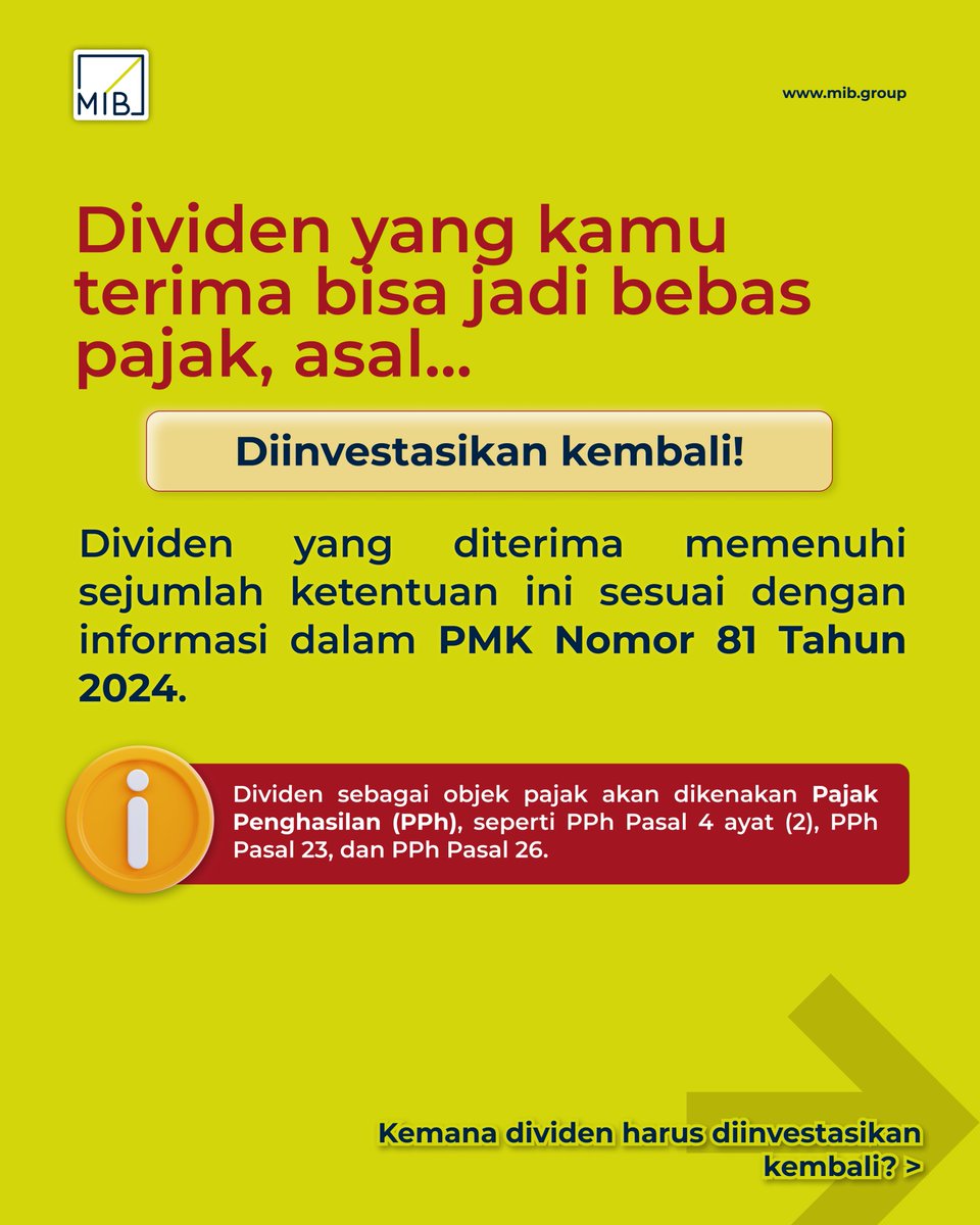 mibglobalgroup's tweet image. Ketentuan ini harus kamu penuhi, kalau mau dividen yang kamu terima bebas pajak! ⬇️

#MIB #Dividen #DividenBebasPajak #InfoPajak #Investasi