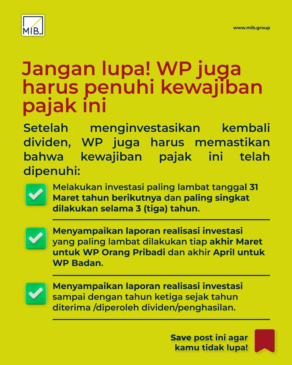 mibglobalgroup's tweet image. Ketentuan ini harus kamu penuhi, kalau mau dividen yang kamu terima bebas pajak! ⬇️

#MIB #Dividen #DividenBebasPajak #InfoPajak #Investasi