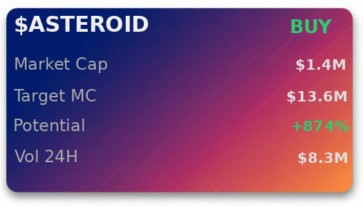 JettEvans10's tweet image. 💎 @iScanLive on $ASTEROID : no issues reaching $13.6M, recommends buy  

 #Solana #Memecoin #Crypto #Degen #PumpFun #AlphaCalls #SolanaMemeCoin