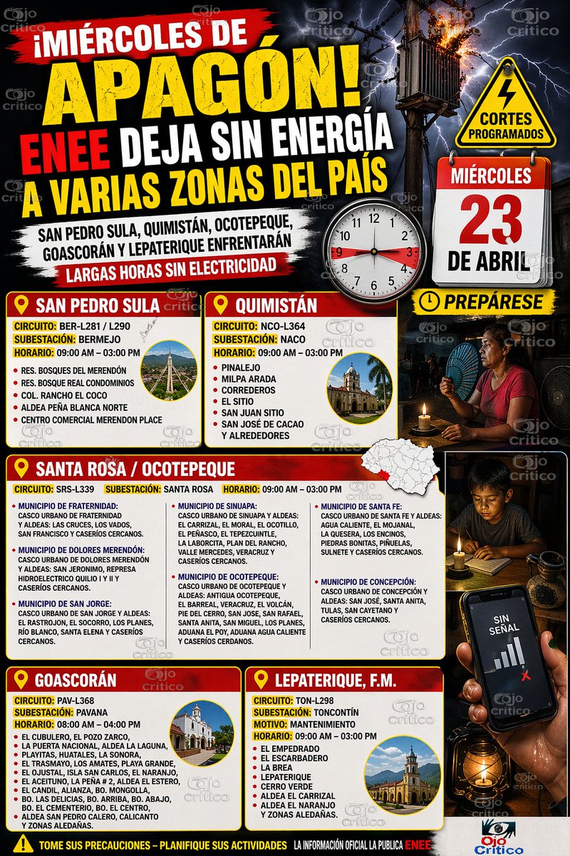 🚨 Miércoles de apagón en varias zonas del país.
La ENEE anuncia cortes programados que afectarán comunidades de diferentes departamentos. 
⏰ Algunas zonas estarán sin energía entre 6 y 8 horas.
 📍 Verifica horarios y sectores afectados 
 📲 Guarda y comparte esta publicación.