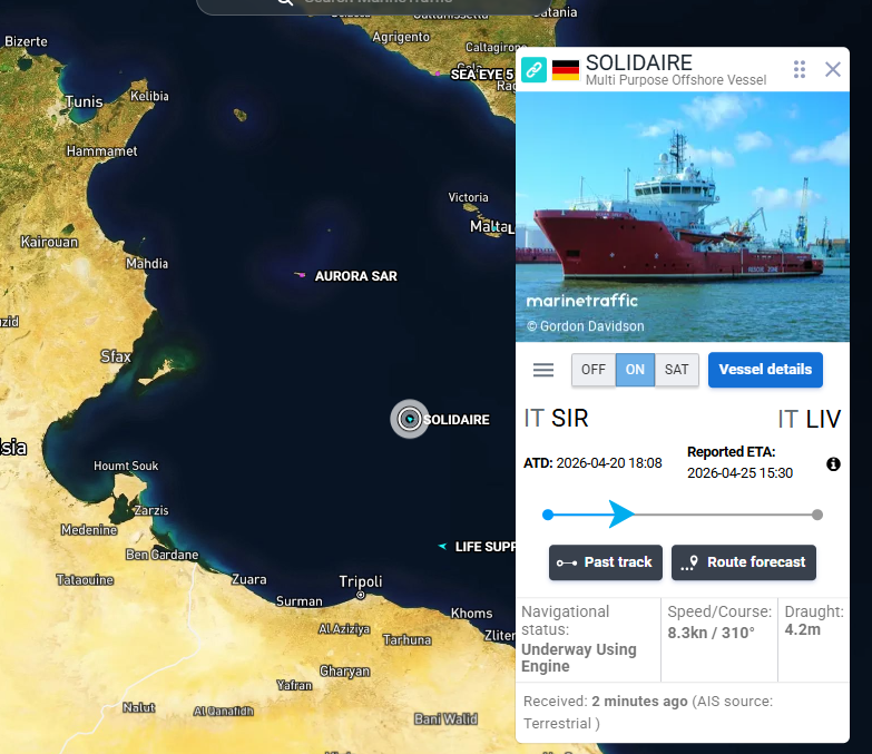 TrafficoNaviOnc's tweet image. 22.04.2026 #Solidaire ha concluso la sua battuta di pesca alle bare galleggianti destinazione assegnata Livorno,  come al solito sconosciuto al momento il numero di tonni inps presi a bordo