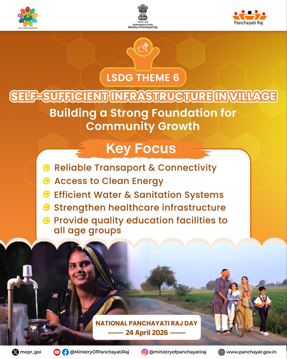 mopr_goi's tweet photo. Theme 6: Village with Self-Sufficient Infrastructure
Village with Self-Sufficient Infrastructure focuses on strengthening rural infrastructure through reliable roads, electricity, digital connectivity, and essential community assets to support improved quality of life and service delivery.

#LSDGs #InfrastructureForAll #MoPR #ViksitBharat #PanchayatiRaj