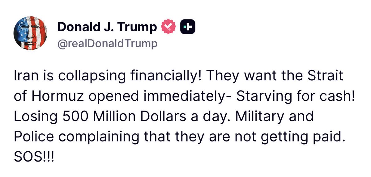 TwilightDewy's tweet image. #NEW: 🇺🇸 Trump says Iran is financially collapsing and desperate to reopen the Strait of Hormuz losing 500 million dollars daily with unpaid soldiers and police

#StraitOfHormuz #Iran #Trump