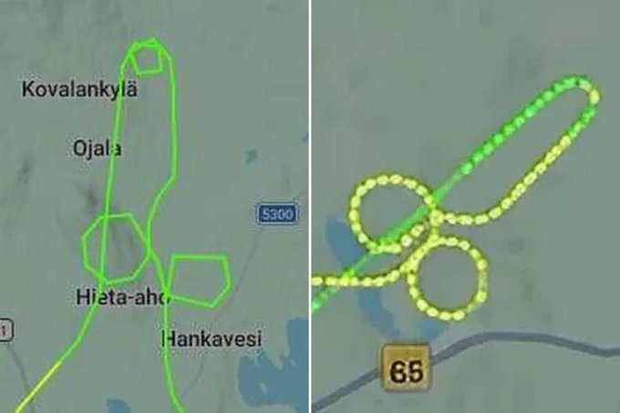 MarioNawfal's tweet photo. 🇫🇮 Finnish Air Force trainee pilots used 4 planes to draw giant penises in the sky during a training exercise. 

The whole thing played out live on Flightradar for anyone to see.

They got in trouble, but for the rest of us it was absolutely worth it 😂 https://t.co/41T1bb9OA7