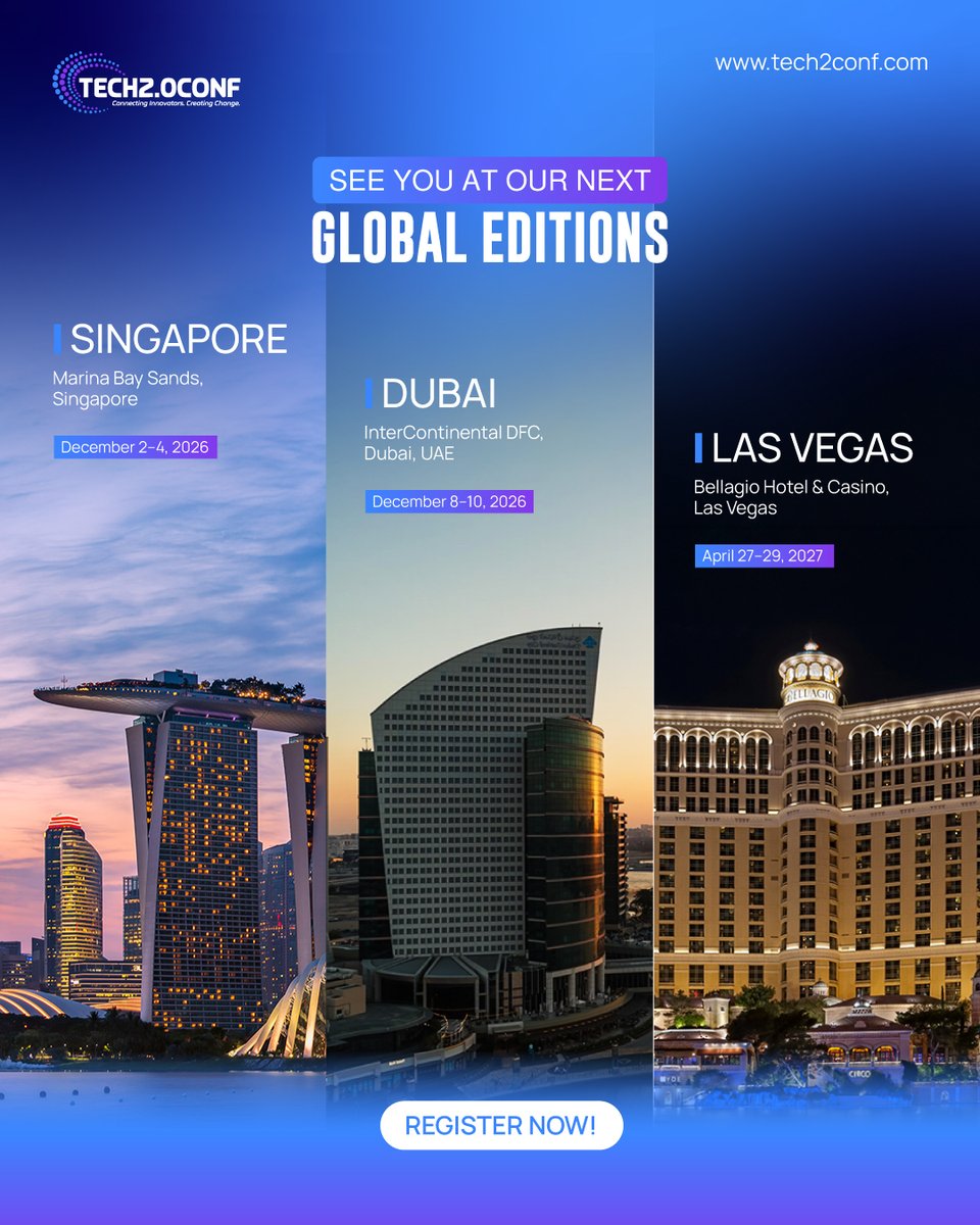 tech2conference's tweet photo. Technology is reshaping industries worldwide. Our upcoming editions in Singapore, Dubai, and Las Vegas connect innovators building the future.
Step Into the Pulse of Emerging Technology.

#Tech2Conf  #GlobalConferences #Leadership #Innovation #UpcomingEvents https://t.co/RcwlFdwVuO