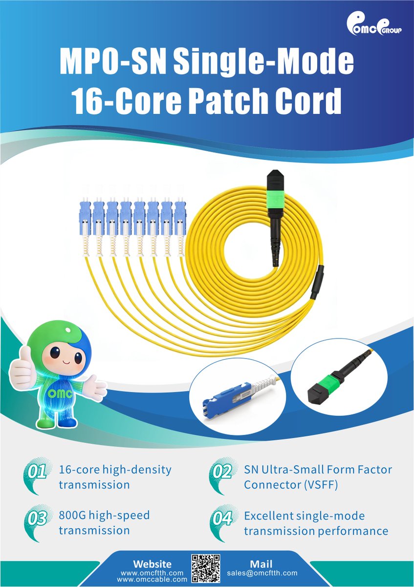 OMCFTTH's tweet photo. 🔥MPO-SN Single-Mode 16-Core Patch Cord

Check it out 👉Websites: https://t.co/tlxI9e0uwX | https://t.co/EDr2Zjw2i8
Email: sales@omcftth.com

#MPO #16CorePatchCord #SingleModeFiber #800GTransmission #HighDensityCabling #DataCenterSolutions https://t.co/jGg0WITXJV