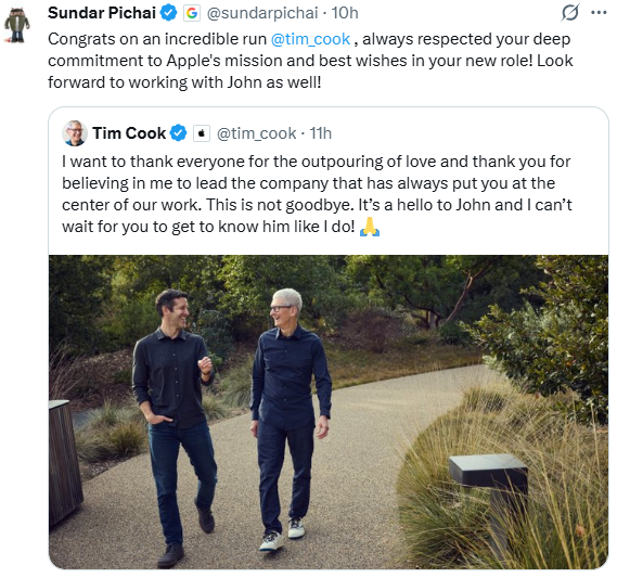 moneycontrolcom's tweet image. Google CEO Sundar Pichai shares ‘best wishes’ for Tim Cook; says “always respected your deep commitment to...”

@shauryashubham reports ⤵️
moneycontrol.com/technology/goo…

#Google #TimCook