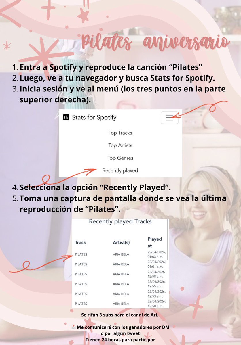 - 🍓

Por el aniversario de Pilates y Ariabela, quería hacer una pequeña dinámica para que hoy estemos escuchando juntos, voy a estar regalando 3 subs. Lean bien la imagen, sigan los pasos y participen colocando su captura abajo. Es a la suerte, cualquier duda al dm
#pilatesxaño