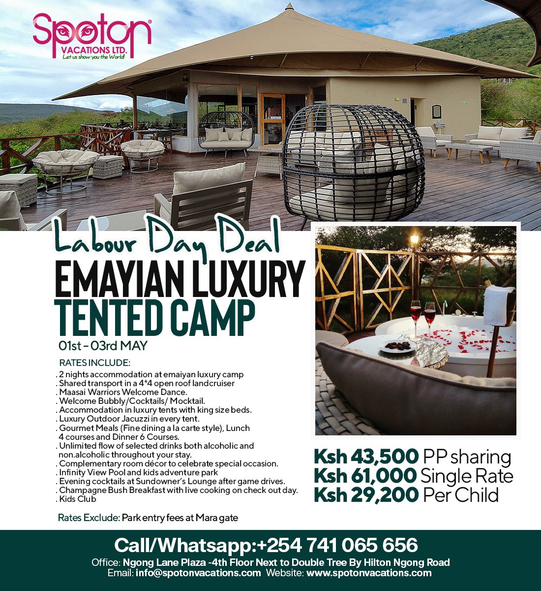 SpotonVacations's tweet image. Labour Day just got an upgrade 🔥🌿
Twende safari the SpotOn way — wild luxury, game drives, good vibes &amp;amp; unforgettable moments await.

📅 01st – 03rd May
🎯 Limited slots available — don’t wait till it’s sold out

Call/WhatsApp: 0741065656
📍 Ngong Lane Plaza, 4th Floor

#Spoton