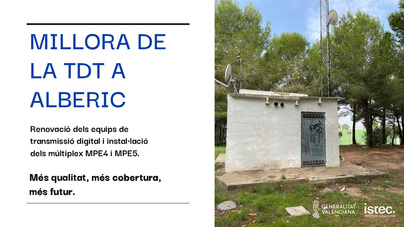 GVAIstec's tweet photo. La @generalitat, a través de @GvaIstec, ha renovat els equips de TDT #múltiplex del centre d’ #Alberic per a millorar l'emissió dels canals RGE1, RGE2, MPE1, MPE2, MPE3 i MAUT, i incorporar els múltiples MPE4 i MPE5
#RiberaAlta #telecomunicacions #TDT 📺📡 https://t.co/l2wVIgyE2y
