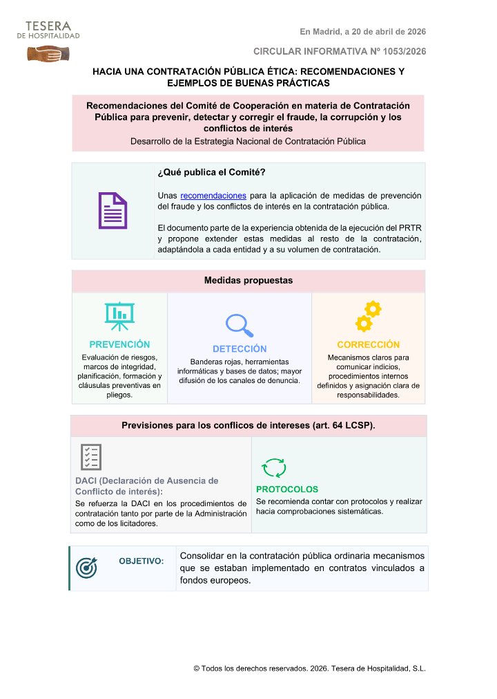 HACIA UNA CONTRATACIÓN PÚBLICA ÉTICA: RECOMENDACIONES Y EJEMPLOS DE BUENAS PRÁCTICAS.
“Consolidar en la contratación pública ordinaria mecanismos que se estaban implementado en contratos vinculados a fondos europeos”. <a href="/TeseradH/">TeseradeHospitalidad</a> 
#TeseraDeHospitalidad #ContratacionPublicaSanitaria