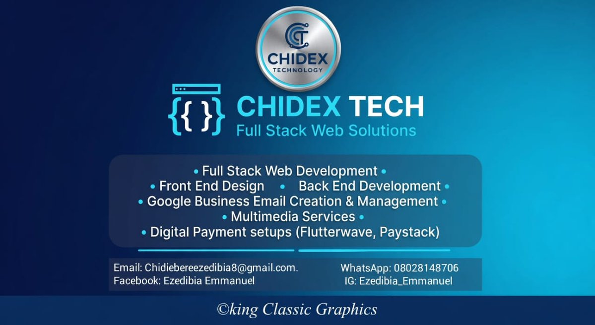 ezedibia82401's tweet image. ready to take your business online? #chidex tech offers full stack web solutions from front end designed to secure payment gateways let us help you build your digital presence #chidextech
#digitalsolutions #WebDesign