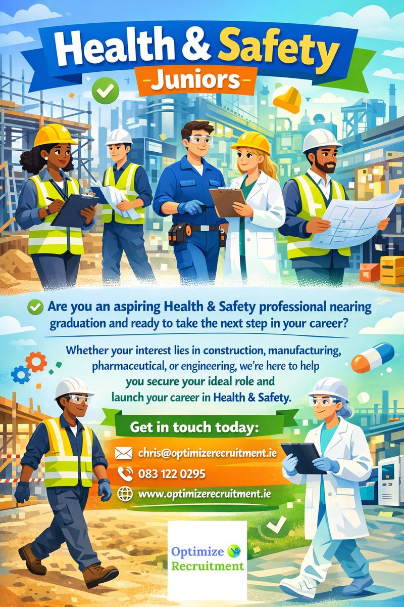 OptimizeCareers's tweet image. 🎓 Ready to kick‑start your Health &amp;amp; Safety career?
We connect ambitious grads with real opportunities across Construction, Pharma, Engineering &amp;amp; more.
📧 chris@optimizerecruitment.ie | 📞 083 122 0295
🌐 optimizerecruitment.ie
#CareerStart #SafetyFirst #GraduateOpportunities
