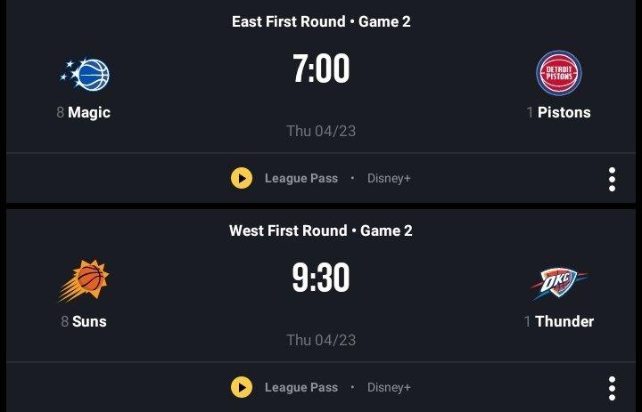 KuyaJeffPH's tweet image. NBA PLAYOFFS POSTSEASON 2026🏀 SCHEDULE
(CONFERNECE QUARTERFINALS)
April 22, 2026 Wednesday🇺🇲
April 23, 2026 Thursday🇵🇭

ORL vs DET - 07:00 PHT - ESPN
PHX vs OKC - 09:30 PHT - ESPN

#NBA #NBAPlayoffs #Postseason #KuyaJeff