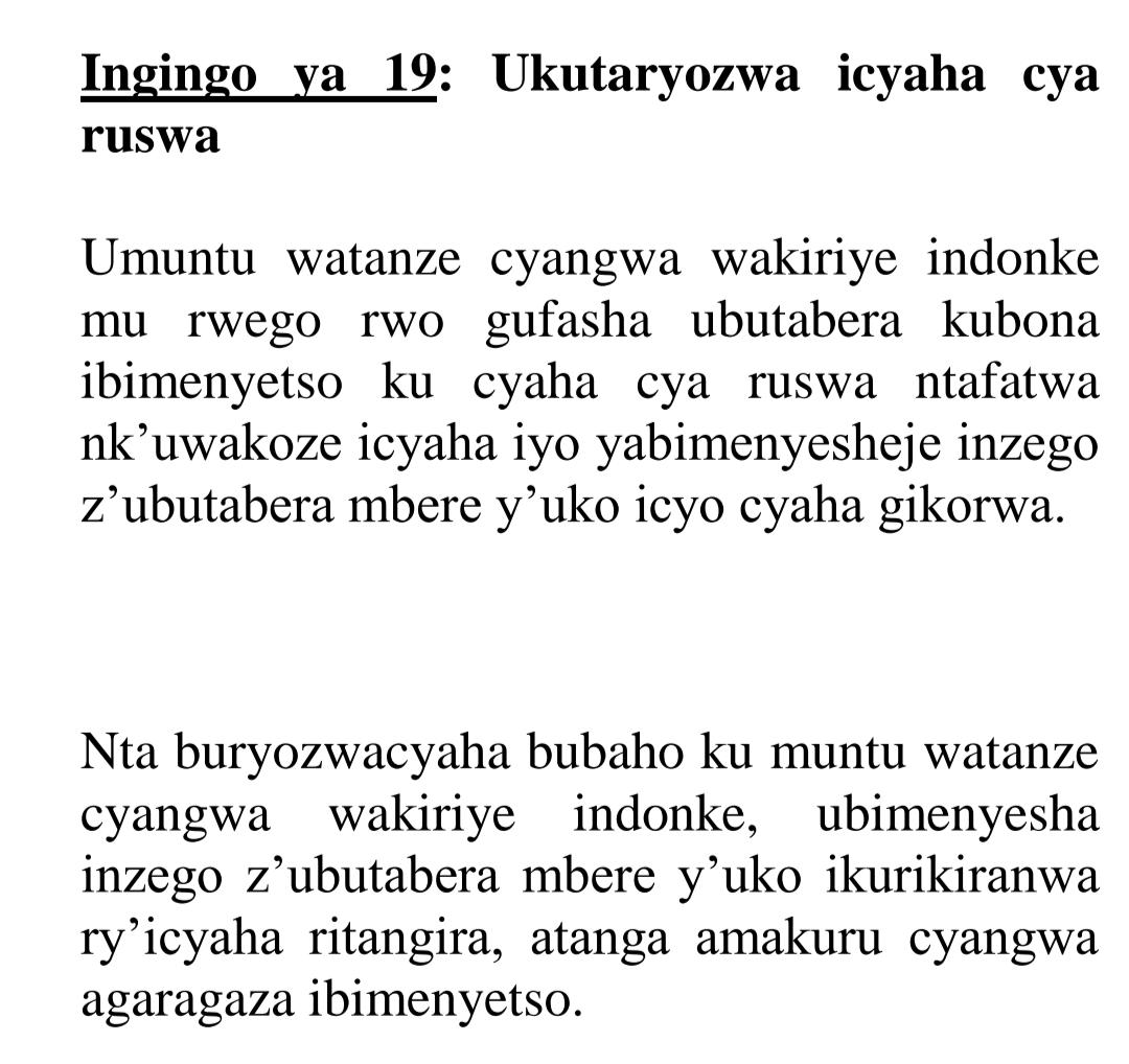 MUGWANEZAGlori2's tweet photo. "UKUTARYOZWA ICYAHA CYA RUSWA"
Ingingo ya 19 y'itegeko ryerekeye kurwanya ruswa twavuzeho mu minsi ishize, risobanura neza igihe uwakoze icyaha cya ruswa, ataryozwa icyo cyaha. Soma iyi ngingo iri hasi. TURWANYE RUSWA, TWIYUBAKIRE IGIHUGU. https://t.co/KxqaRqmvKu