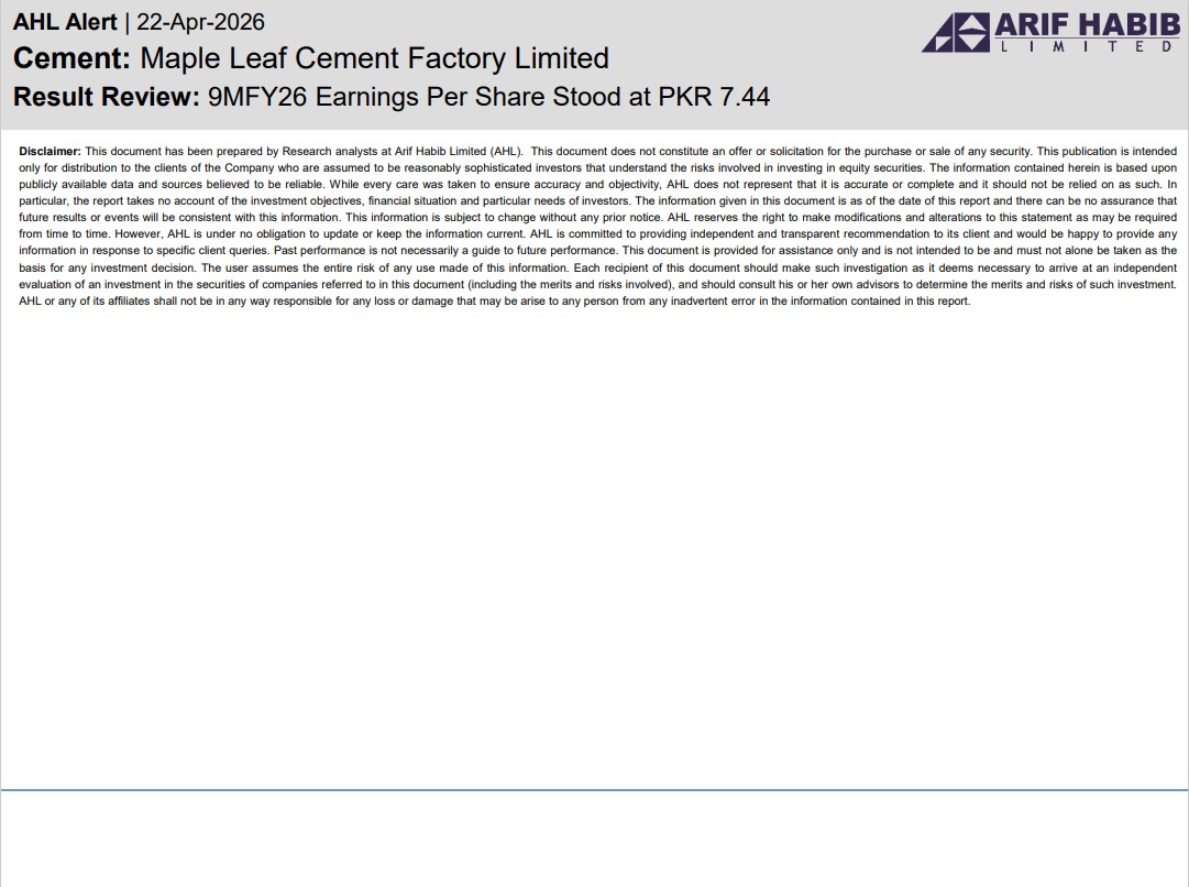 ArifHabibLtd's tweet image. AHL Alert - MLCF 9MFY26 Earnings Per Share Stood at PKR 7.44 

#KSE100 #PSX #Equities #Pakistan #MLCF