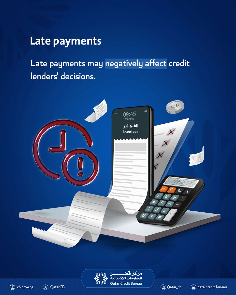 QatarCB's tweet photo. التأخر في السداد قد يؤثر على قرارات الجهات المانحة للائتمان.
Late payments may affect the decisions of credit providers. https://t.co/ag94G3IQJ6