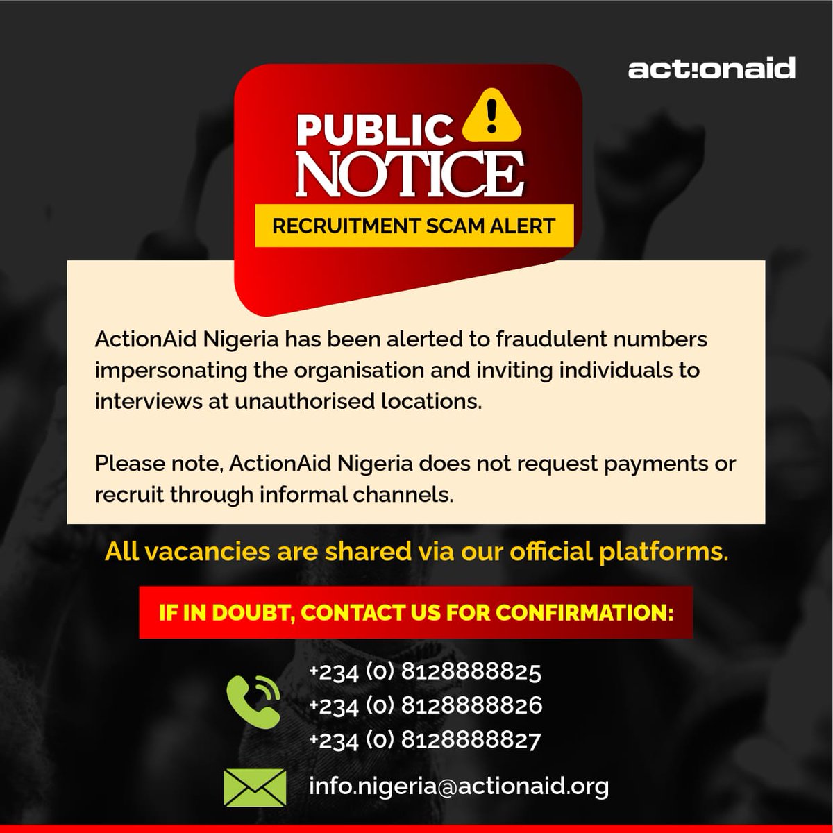 ActionAidNG's tweet image. Attention!

Never pay for jobs and only trust official channels. If ever in doubt, call the official numbers on the attached flyer

#Scamalert