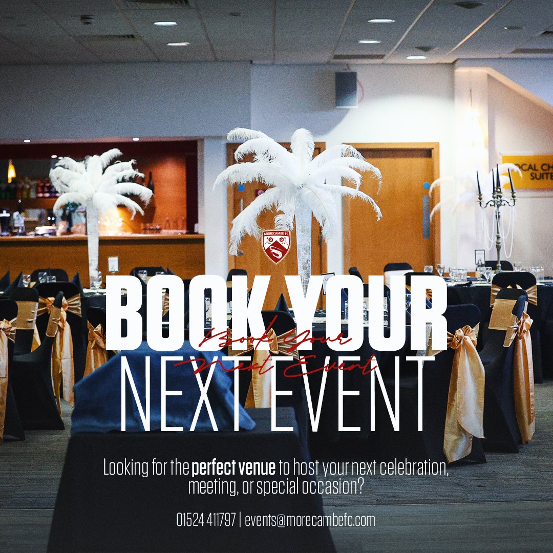 MorecambeFC's tweet image. Book your next event with us 🎉

We have a range of packages for all manner of occasions, containing everything you need to make your event with us a success.

📄 tinyurl.com/3c3d6jf3
📧 events@morecambfc.com
📞 01524 411797

#UTS 🦐