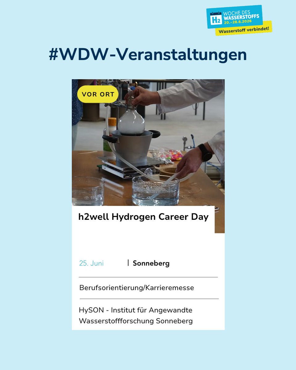 Woche_des_H2's tweet image. #WDW-Veranstaltungen
Der h2well Hydrogen Career Day bringt Unternehmen und Arbeitssuchende zusammen.
25.06. - Hydrogen Career Day - tinyurl.com/h2well-hydroge…

Und welche Pläne haben Sie für die #WDW2026?
wochedeswasserstoffs.de/mitmachen

#WasserstoffVerbindet #WasserstoffErleben