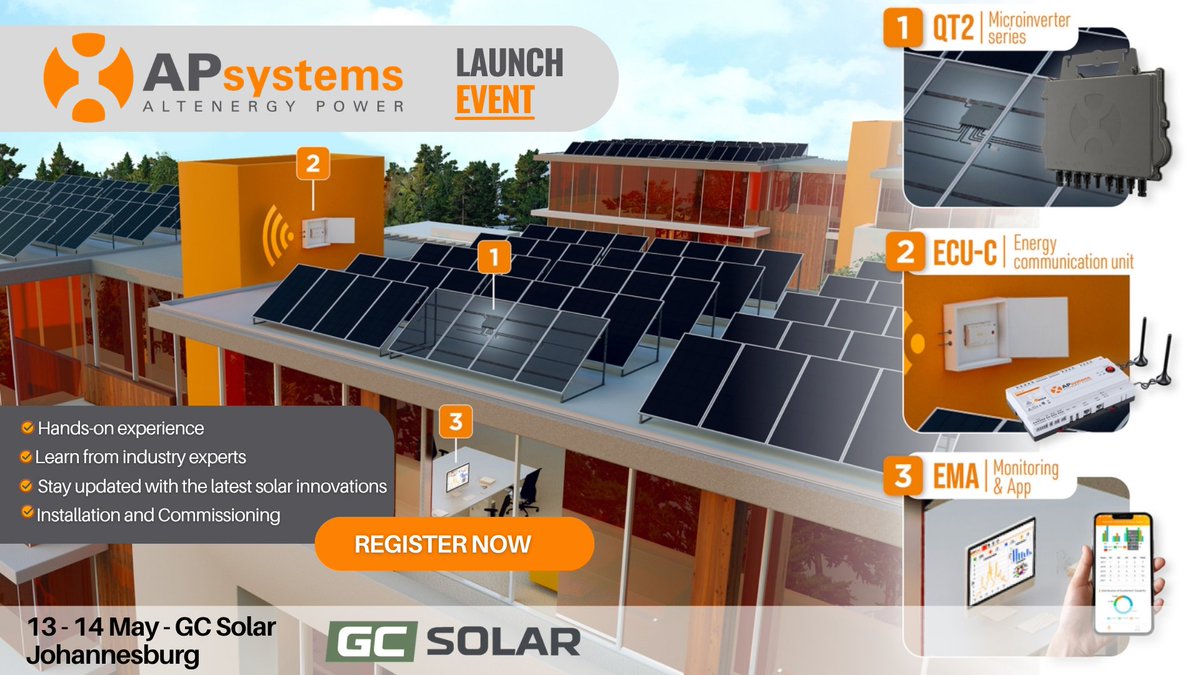 GCSolar1's tweet photo. ⚡GC Solar &amp; APsystems bring you a FREE Launch Event! Discover innovative solar solutions—available exclusively through GC Solar. 🔥Join our optional FREE hands-on workshop.

📍 Johannesburg: 13–14 May
https://t.co/xDf04BlWRa
https://t.co/p7fKBnYvSI

Limited spots—register now! https://t.co/3oBjpCmMYc