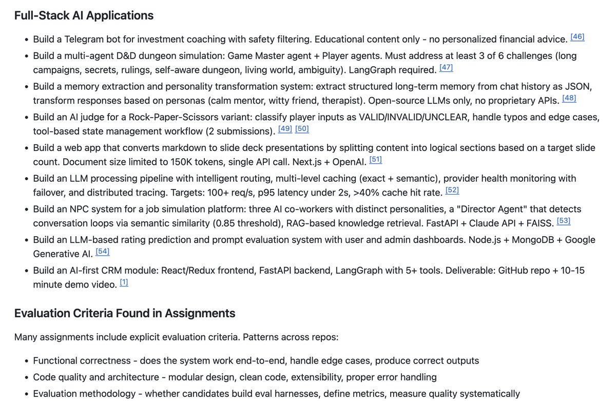 I collected 100+ GitHub repos with real AI engineering take-home assignments (plus hiring challenges and candidate submissions).

Then I analyzed them to see what companies were asking for in Q4 2025 and Q1 2026.

The result is one repo that makes the patterns easy to study in