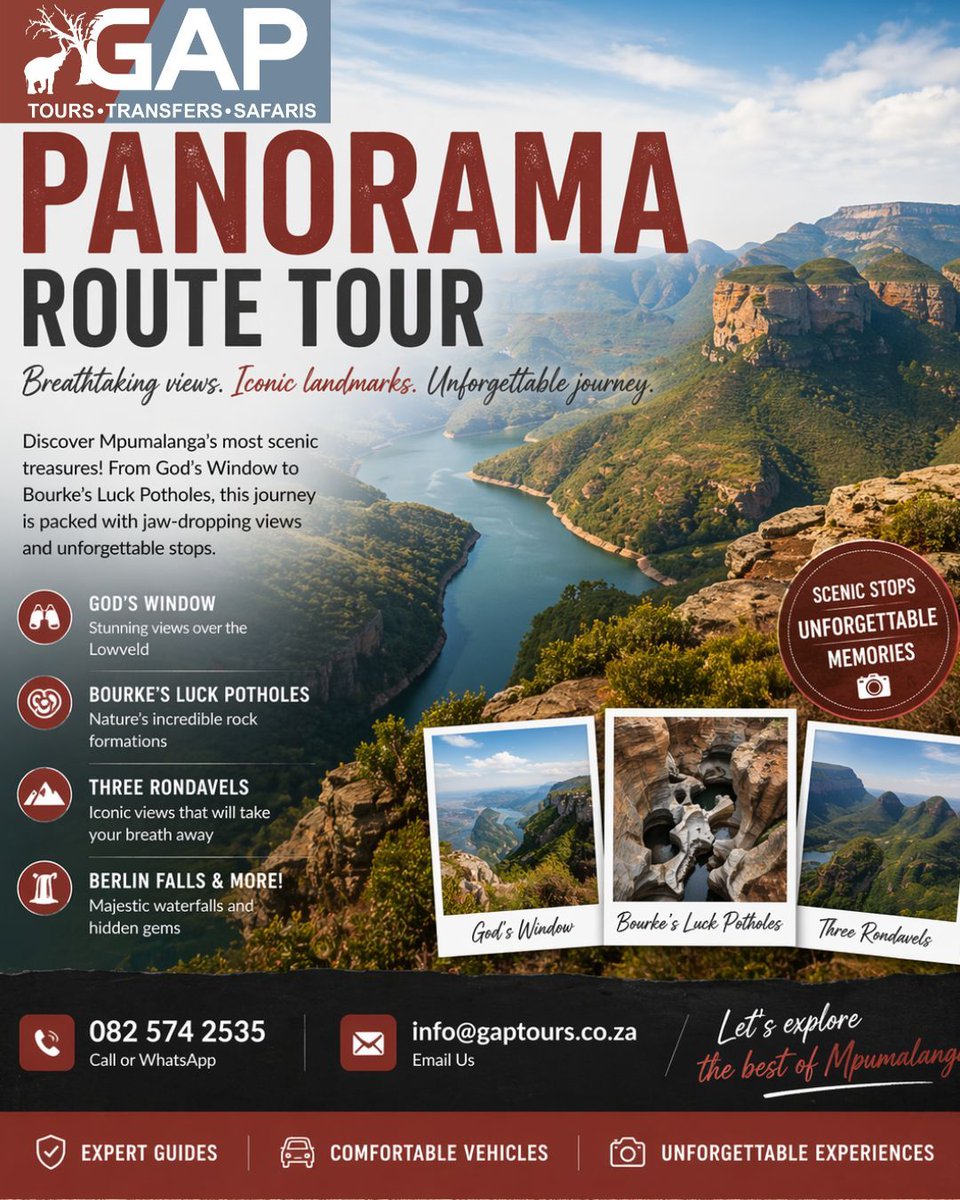 GAPTours's tweet photo. Discover Mpumalanga’s most scenic treasures along the Panorama Route. From God’s Window to Bourke’s Luck Potholes, this journey is packed with jaw-dropping views and unforgettable stops.

Contact: 082 574 2535
info@gaptours.co.za

#TravelSouthAfrica #NatureLovers #GAPTours https://t.co/WXyrUaIP0p